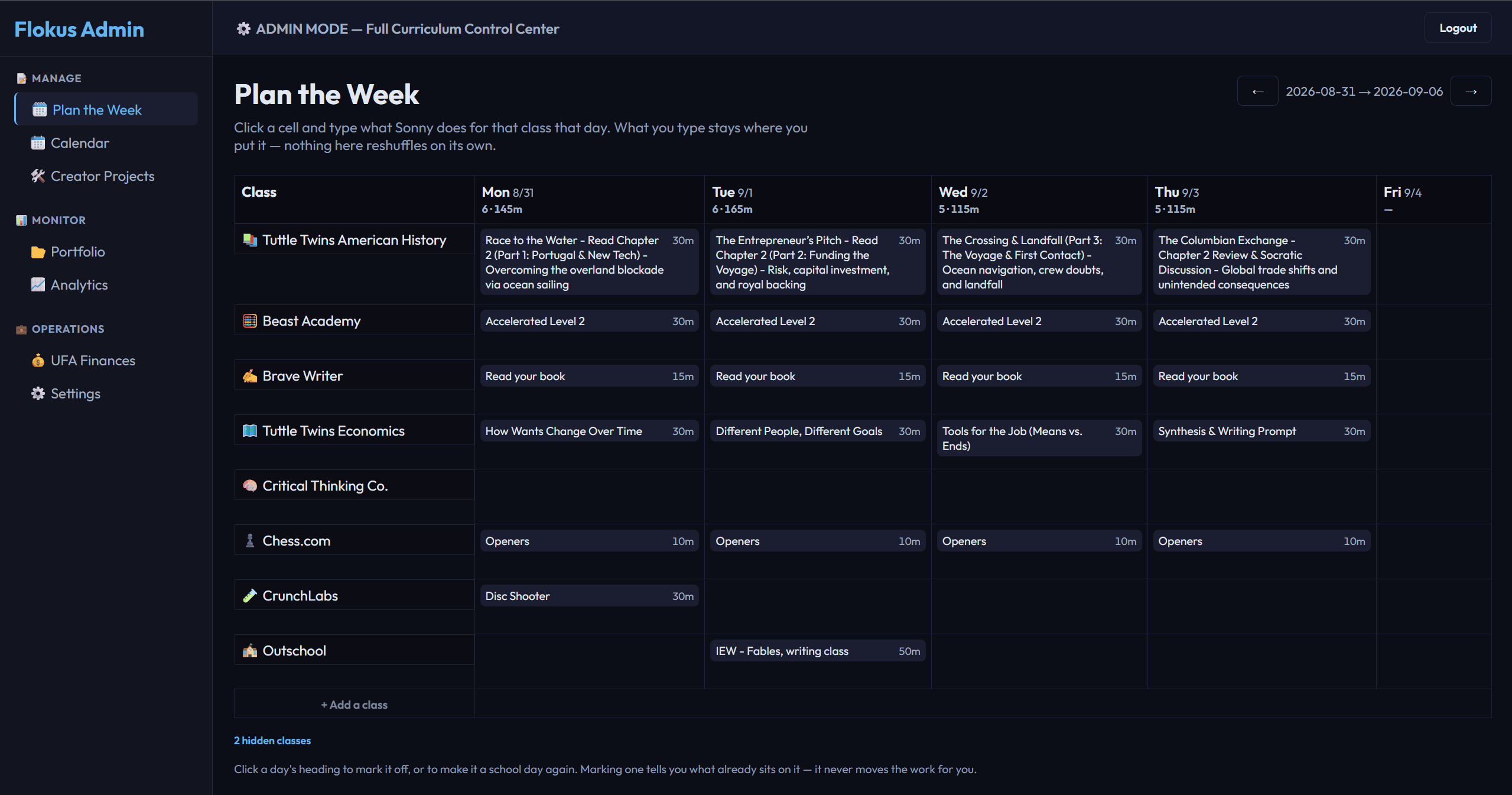 The Plan the Week screen in Flokus Academy: eight classes listed down the left side, Monday to Friday across the top, and a typed entry with a duration in most cells. Each day heading carries a count of items and their total minutes.
